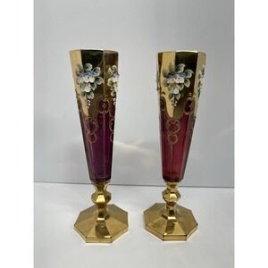 Antique Bohemian Art Nouveau Gilt Enamel Cranberry Glass Vases Pair c1900